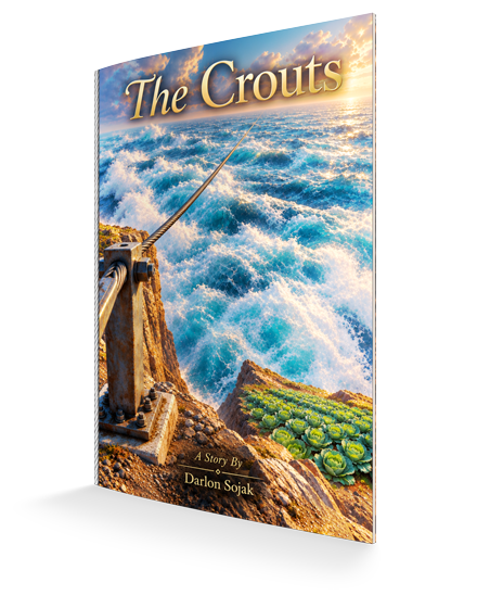 Book cover of The Crouts by Darlon Sojak, featuring a dramatic ocean scene with crashing waves and a rocky coastline.
