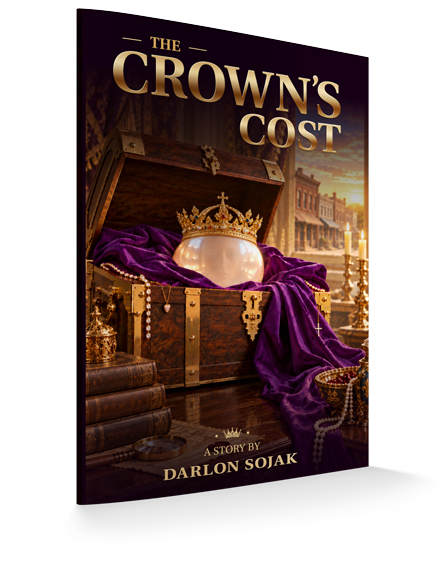 Cover of The Crown's Cost, a short story by Darlon Sojak, featuring a golden crown resting on purple fabric.
